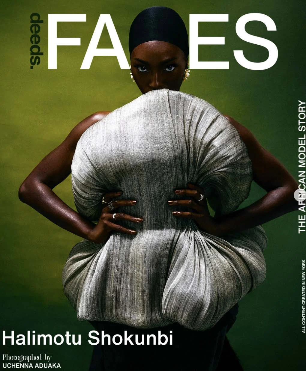 Halimotu Shokunbi in a sculptural pleated silver top on the cover of FACES